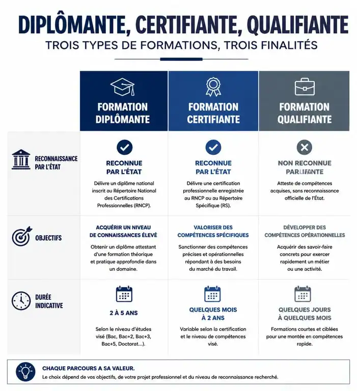 Comparatif des formations diplômante, certifiante et qualifiante pour choisir son parcours professionnel