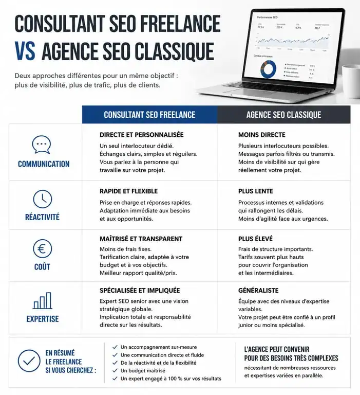 Infographie comparative : Consultant SEO freelance vs Agence SEO classique pour choisir le meilleur consultant SEO