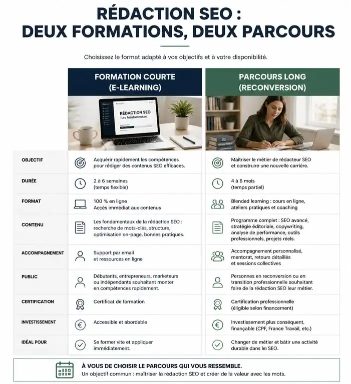 Comparatif des formations en rédaction SEO : formation courte vs parcours de reconversion