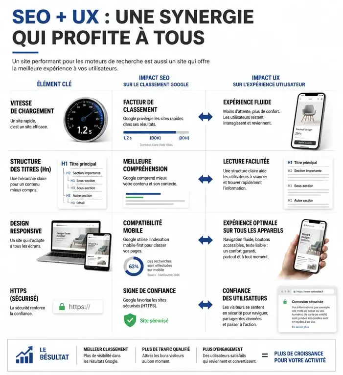 Infographie comparative des facteurs SXO influençant le SEO et l'UX