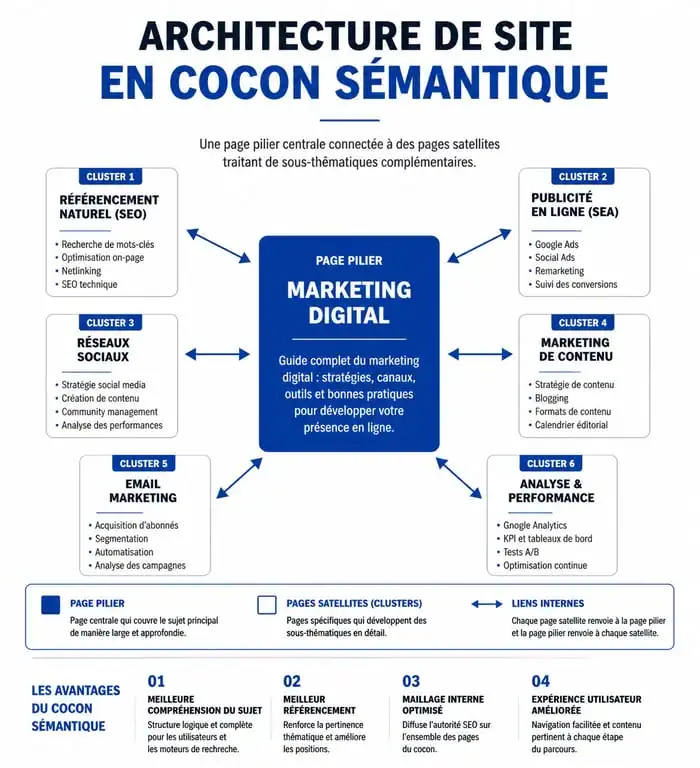 Schéma de stratégie éditoriale SEO : structure en cocon sémantique avec page pilier et clusters