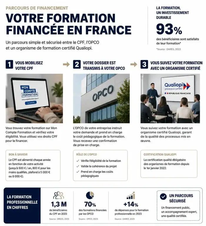 Infographie du parcours de financement d'une formation SEO certifiée Qualiopi via CPF et OPCO