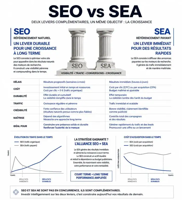 Infographie comparative SEO vs SEA pour une stratégie de Search Engine Marketing
