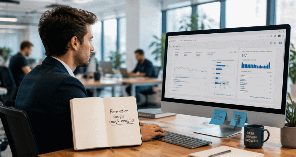 formation à google analytics sur écran avec graphiques