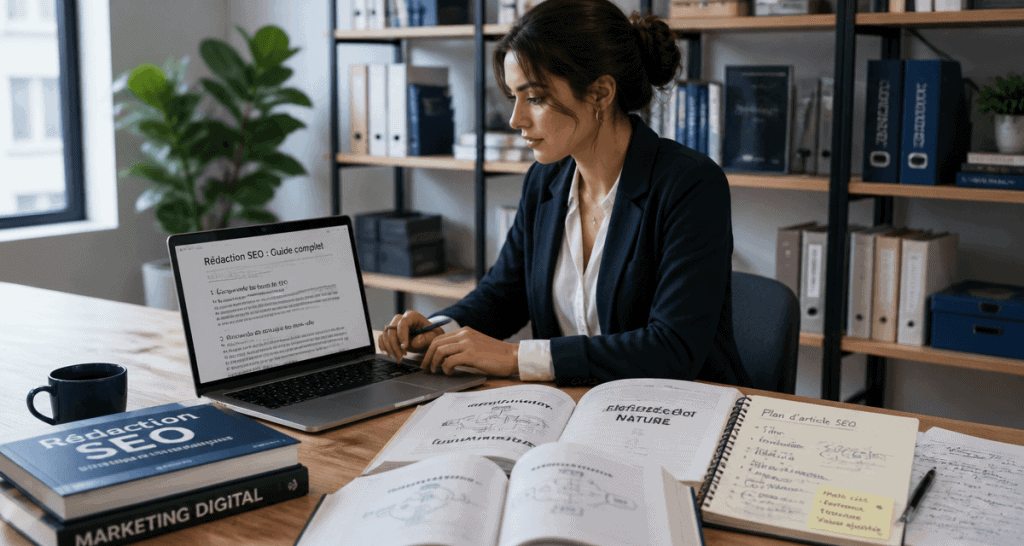formation rédaction seo jeune femme ordinateur livres