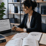 formation rédaction seo jeune femme ordinateur livres
