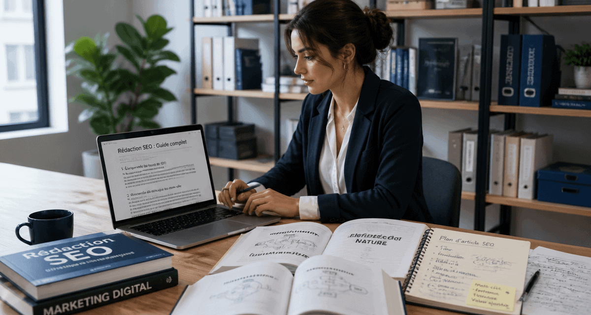 formation rédaction seo jeune femme ordinateur livres