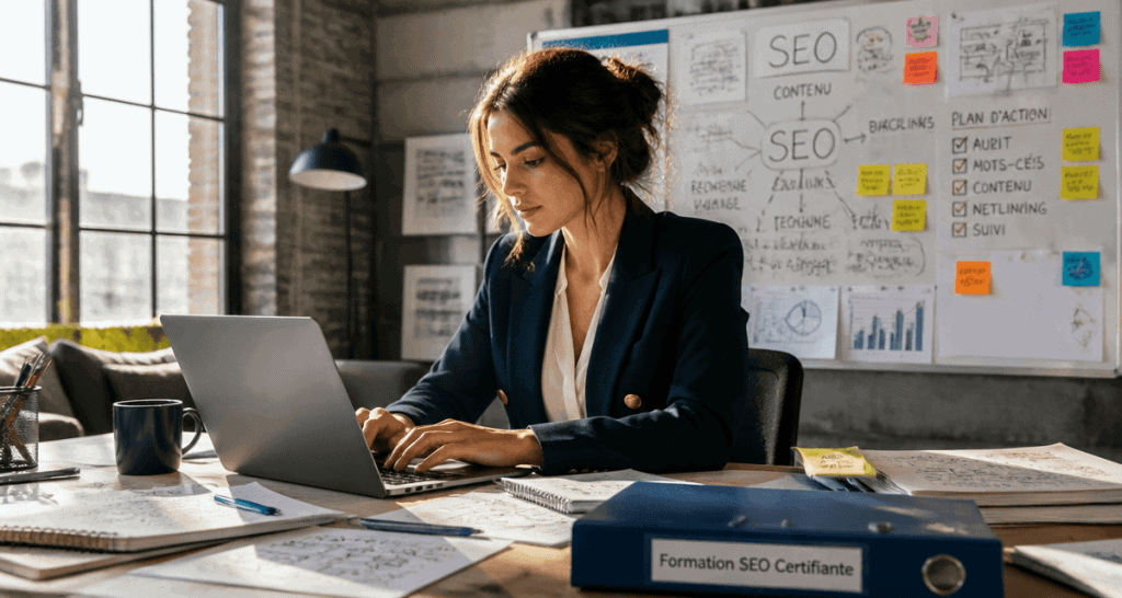 formation seo certifiante femme travaillant sur ordinateur