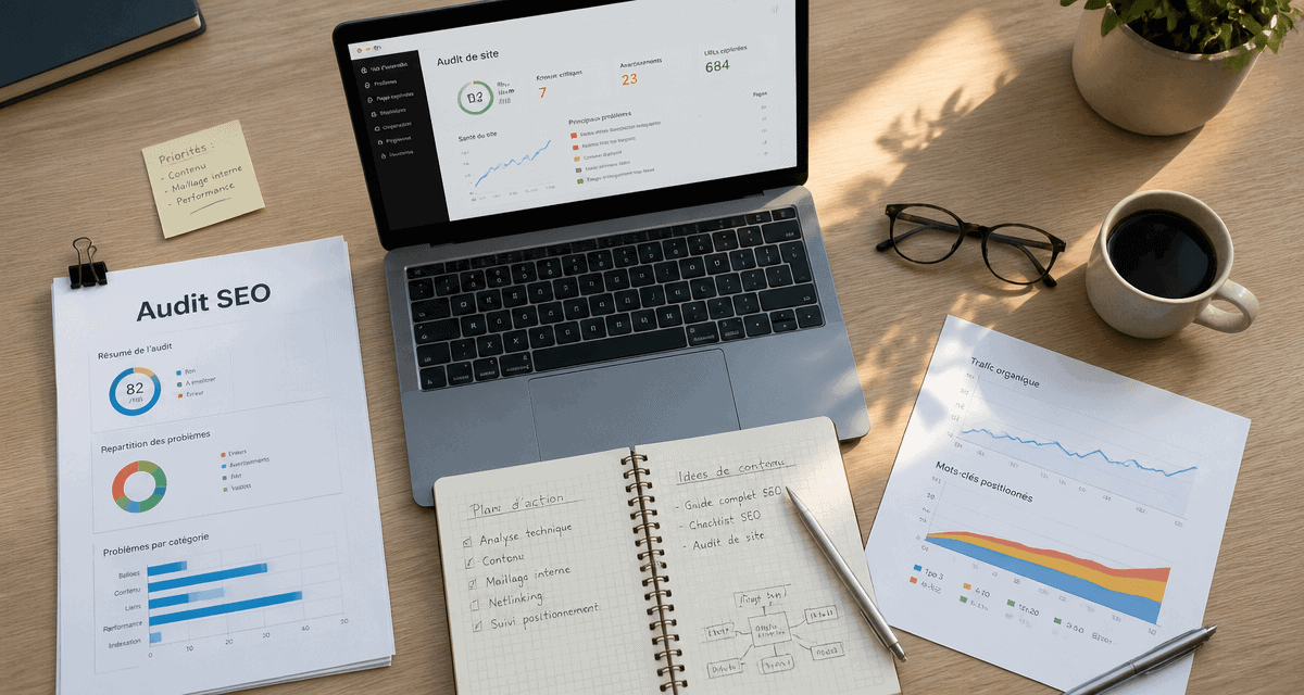 outils audit seo sur bureau avec audit papier et ordinateur