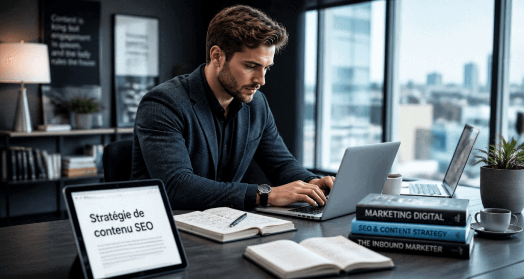 rédacteur web seo freelance concentré ordinateur
