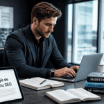 rédacteur web seo freelance concentré ordinateur