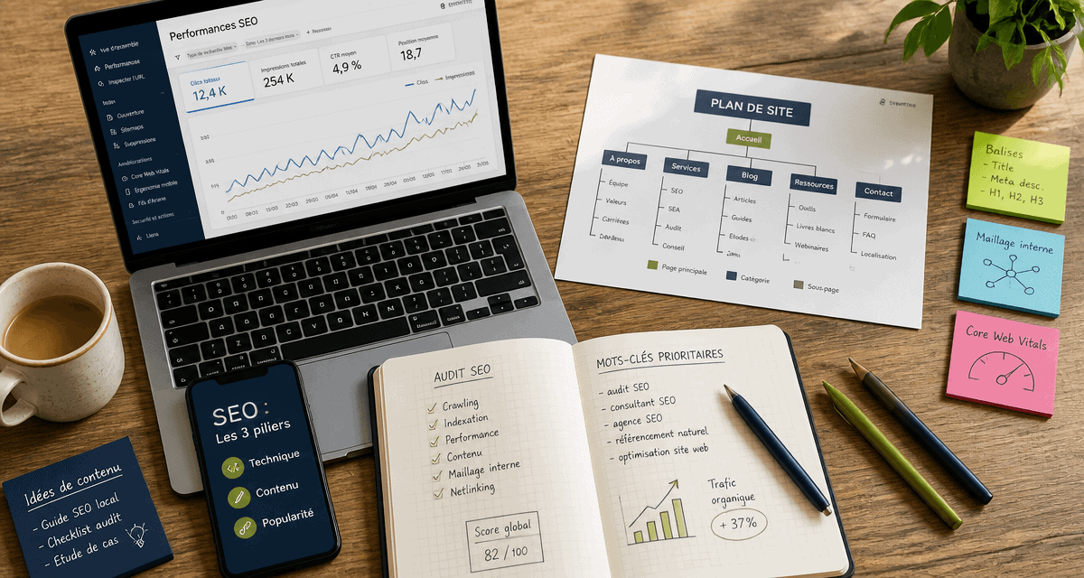 referencement naturel seo, bureau expert, 3 piliers