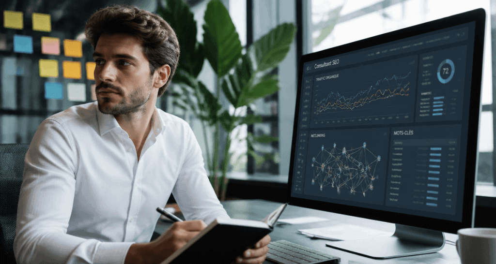 search optimization consultant devant écran SEO