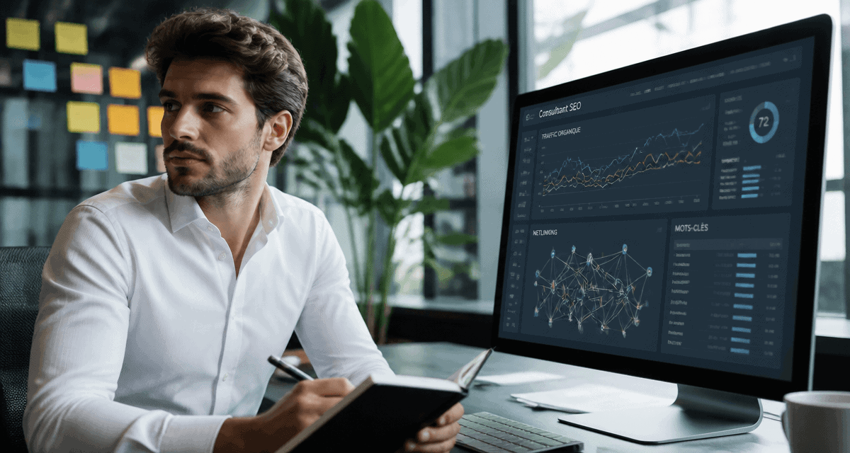 search optimization consultant devant écran SEO
