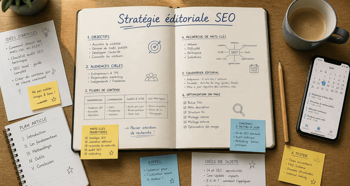 stratégie éditoriale pour le seo carnet et bureau