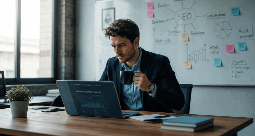 Consultant webmarketing freelance travaillant en open space
