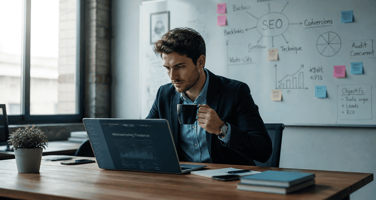Consultant webmarketing freelance travaillant en open space
