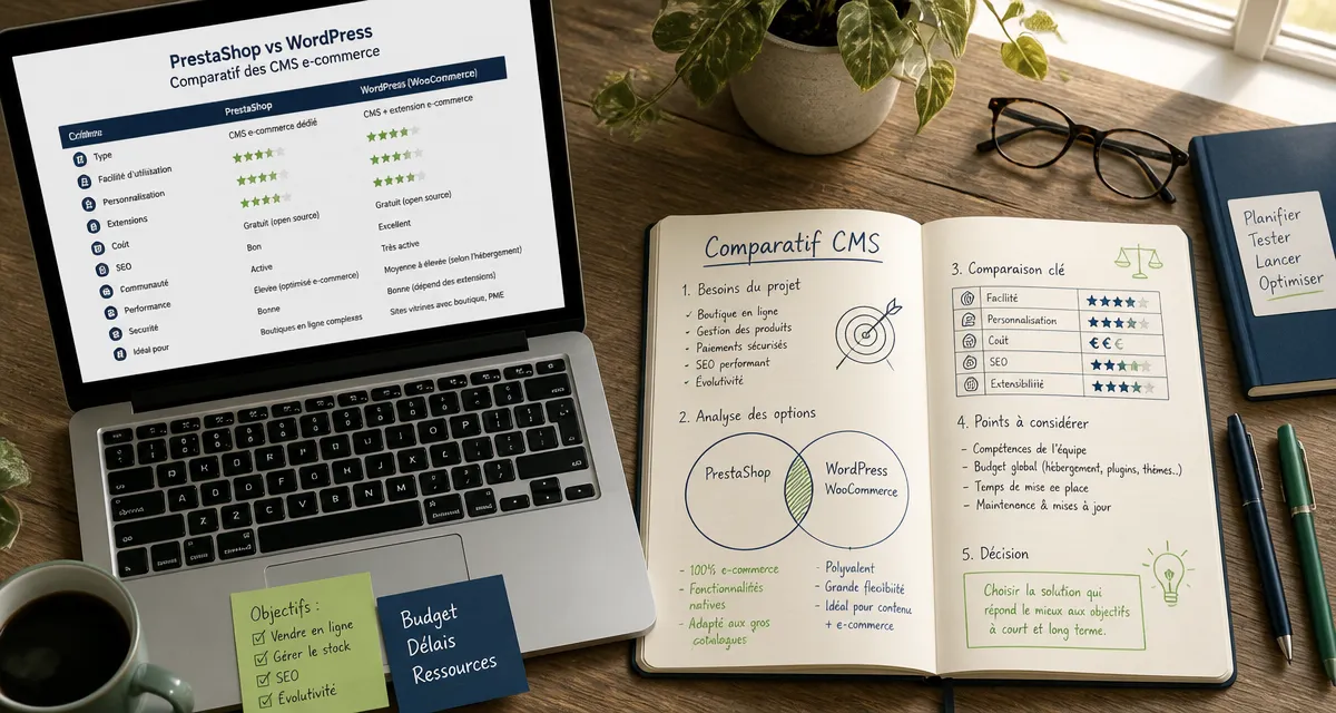 Comparatif PrestaShop et WordPress sur un bureau