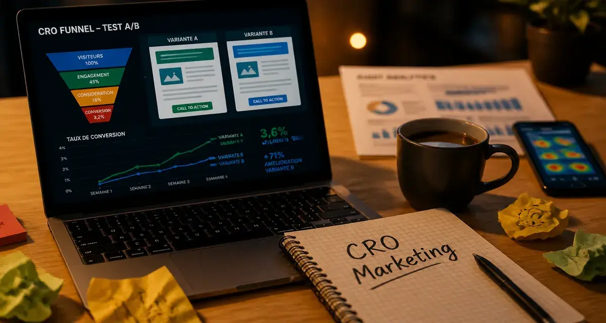 cro marketing : entonnoir A/B et graphique de conversion sur laptop