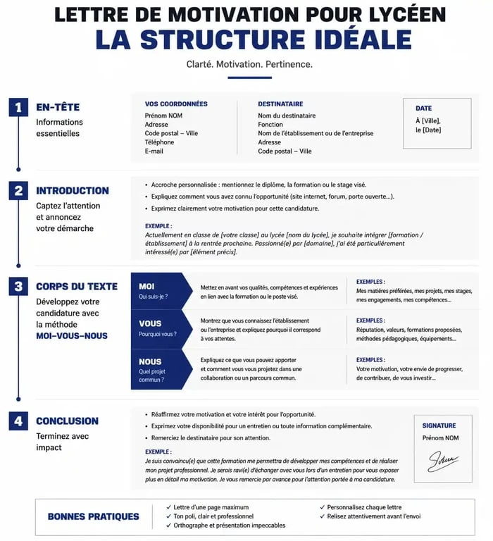 Structure d'une lettre de motivation pour lycéen : guide visuel des étapes clés