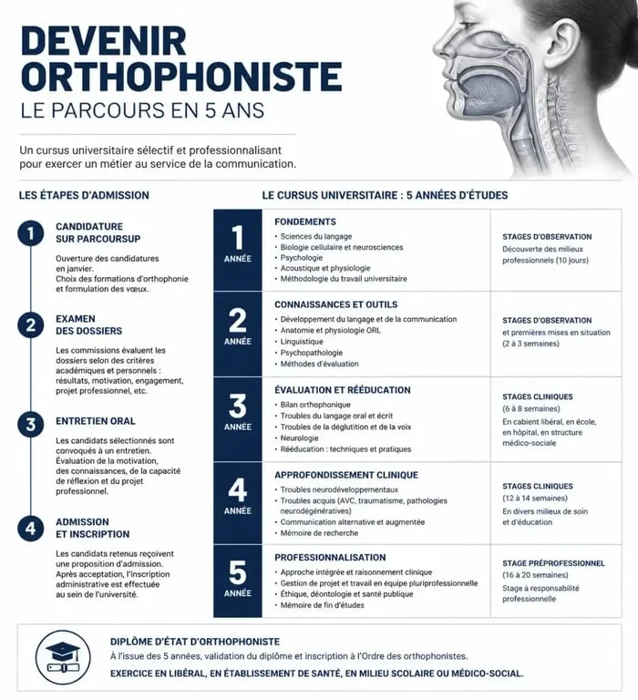 Infographie du parcours d'admission et des études pour devenir orthophoniste