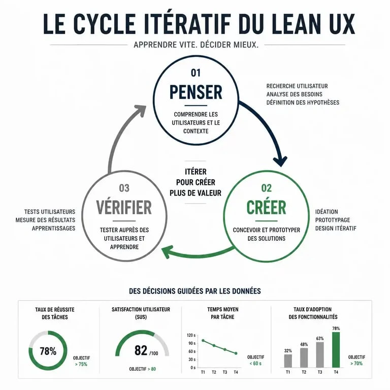 Schéma du processus itératif Lean UX : Penser, Créer, Vérifier