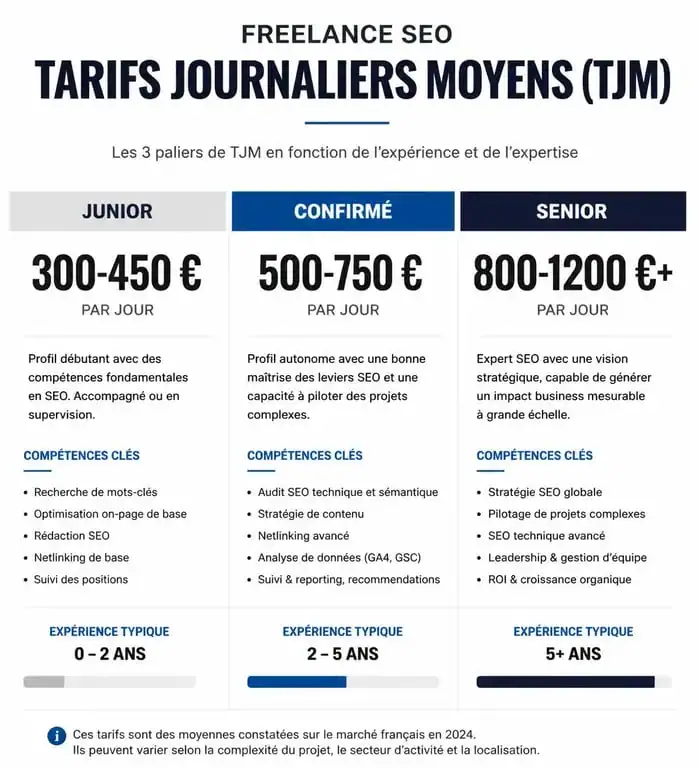 Infographie des tarifs journaliers moyens d'un freelance SEO selon son niveau d'expérience