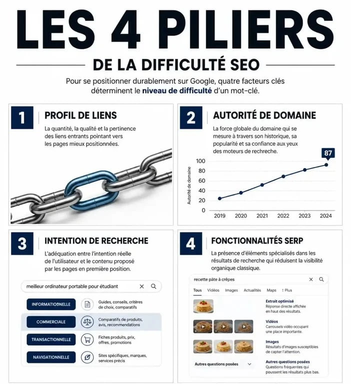 Les 4 piliers de la difficulté SEO : profil de liens, autorité, intention et fonctionnalités SERP
