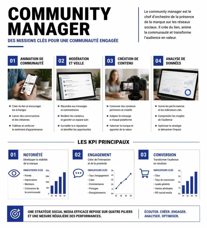 Infographie des missions et KPIs du community management pour les entreprises