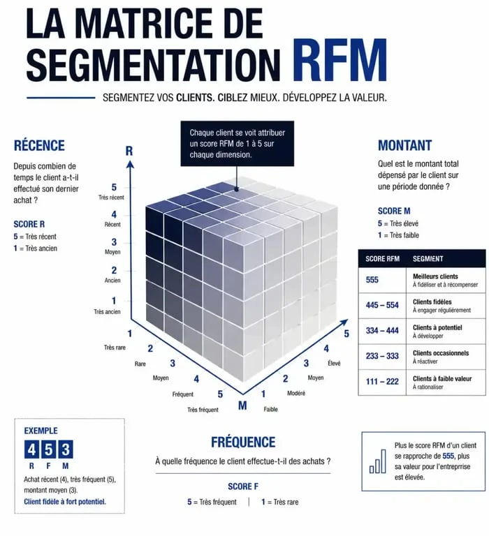Schéma explicatif de la matrice de segmentation RFM pour le marketing