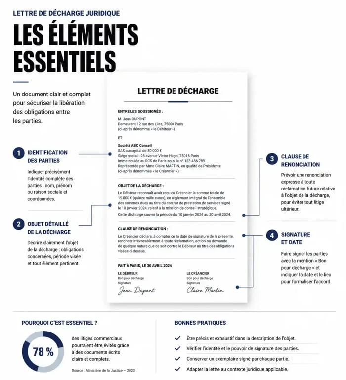 Infographie des éléments essentiels d'une lettre de décharge type pour une validité juridique