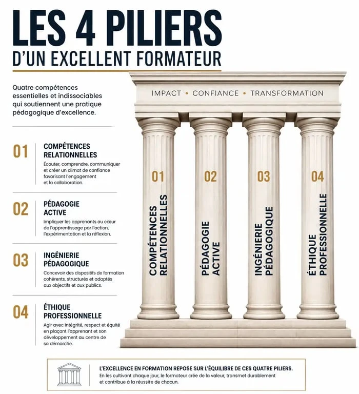 Infographie des piliers du meilleur formateur : compétences, pédagogie, ingénierie et éthique