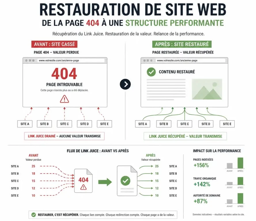 Schéma illustrant le processus de restauration d'un site pour restaurer les liens expirés et récupérer l'autorité SEO
