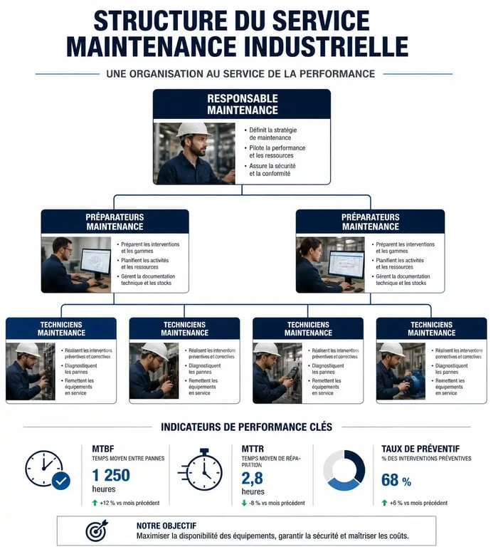 Schéma d'organisation d'un service de maintenance industrielle et indicateurs de performance clés