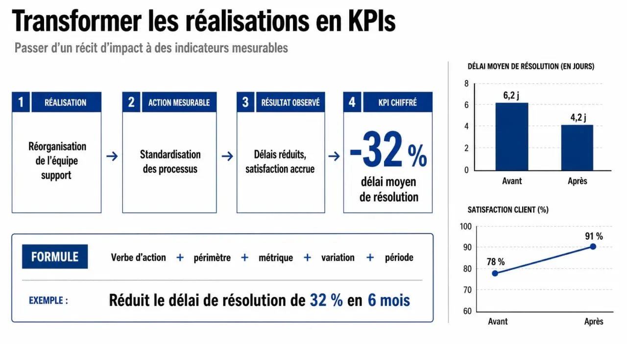 Exemple de tableau de résultats chiffrés et KPIs pour un CV de manager performant