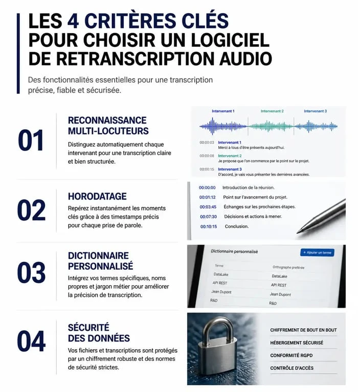 Infographie des critères techniques pour choisir un logiciel de retranscription audio