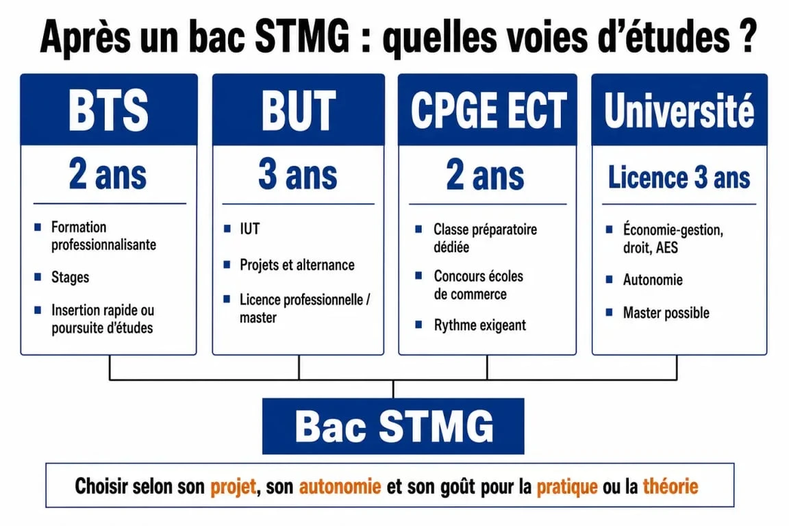 Infographie des débouchés et études après le bac STMG