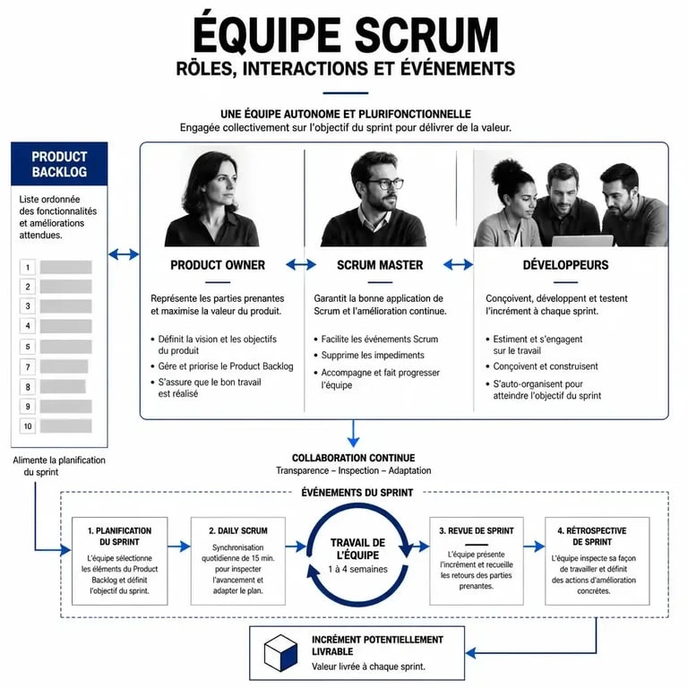 Schéma de fonctionnement d'une équipe Scrum avec ses rôles et rituels