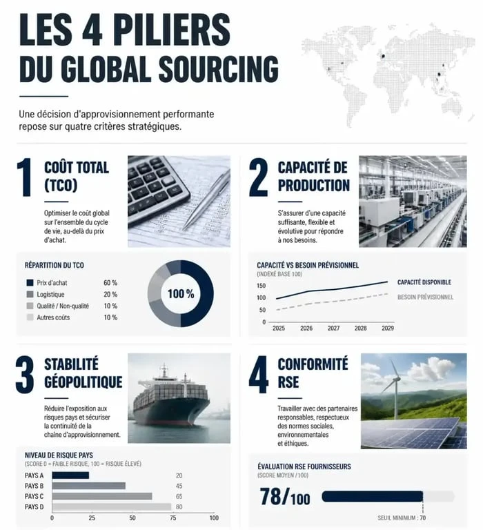 Infographie des critères stratégiques pour réussir une stratégie de global sourcing