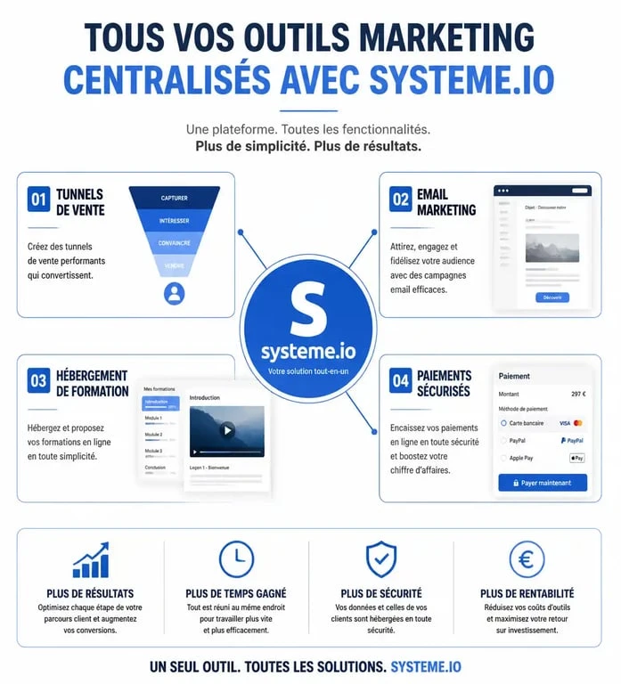 Infographie des fonctionnalités tout-en-un de Systeme.io pour la gestion de business en ligne