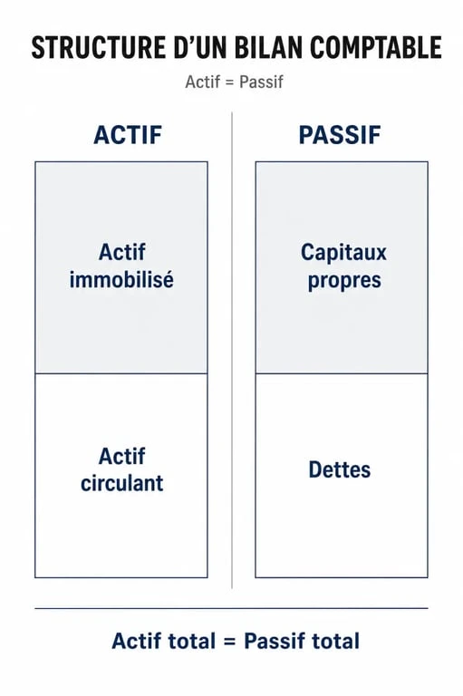 Schéma illustrant la structure d'un bilan comptable pour apprendre comment analyser un bilan comptable