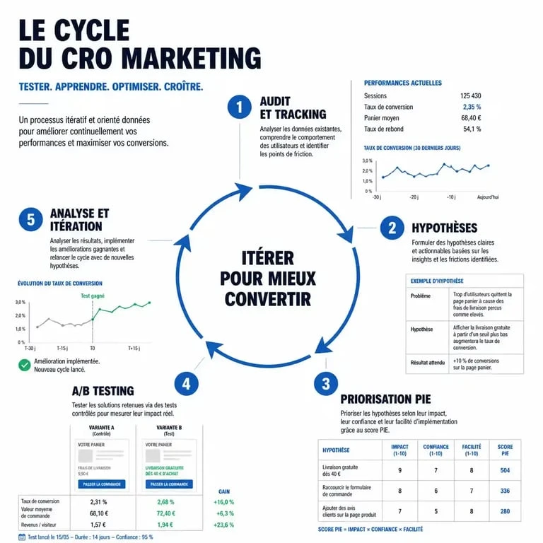 Schéma du processus de CRO marketing pour l'optimisation du taux de conversion