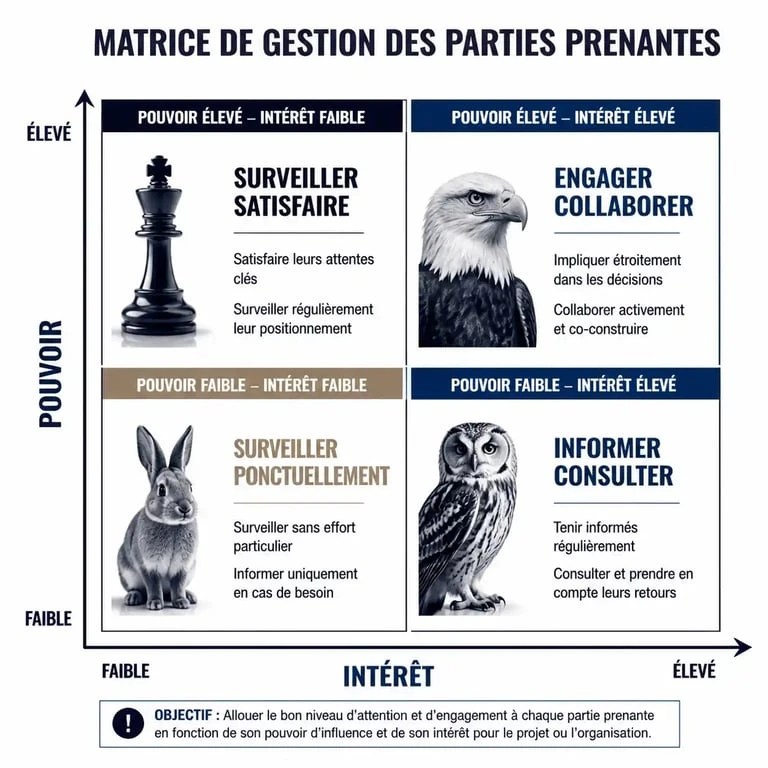 Matrice des parties prenantes illustrant les axes pouvoir et intérêt pour la gestion de projet