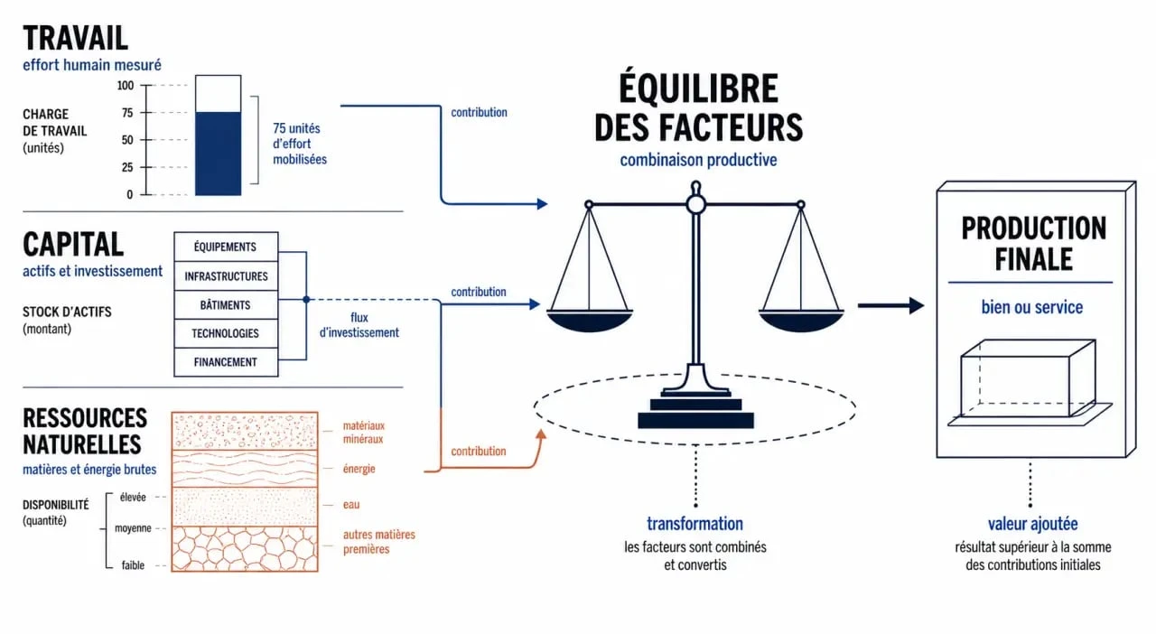 Infographie illustrant les facteurs de production : travail, capital et ressources naturelles dans le processus de création de richesse.