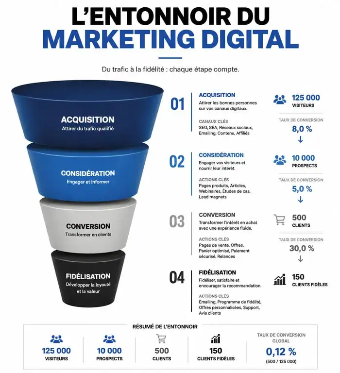 Schéma du tunnel de conversion en webmarketing illustrant les étapes d'acquisition, de conversion et de fidélisation