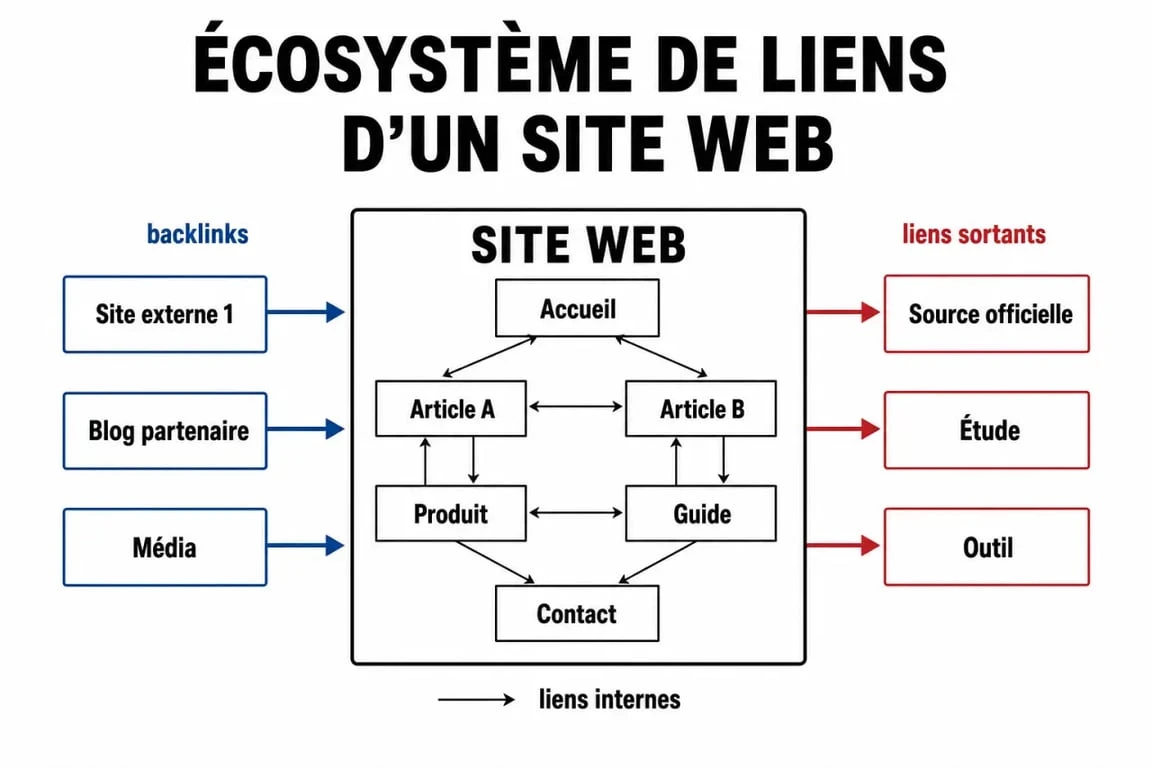 Schéma illustrant l'écosystème des liens SEO : maillage interne, backlinks et liens sortants