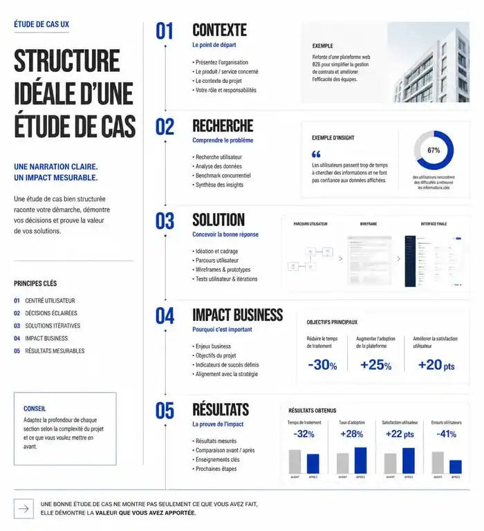 Infographie montrant la structure idéale d'une étude de cas pour un portfolio UX designer