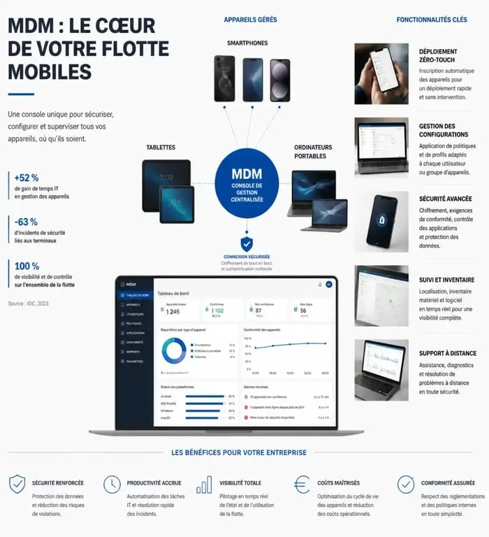 Schéma explicatif du fonctionnement d'un logiciel MDM pour la gestion de flotte mobile en entreprise
