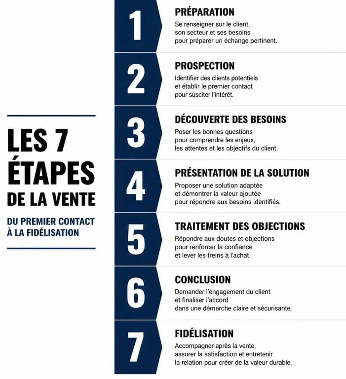 Schéma illustrant les 7 étapes de la vente pour une stratégie commerciale efficace