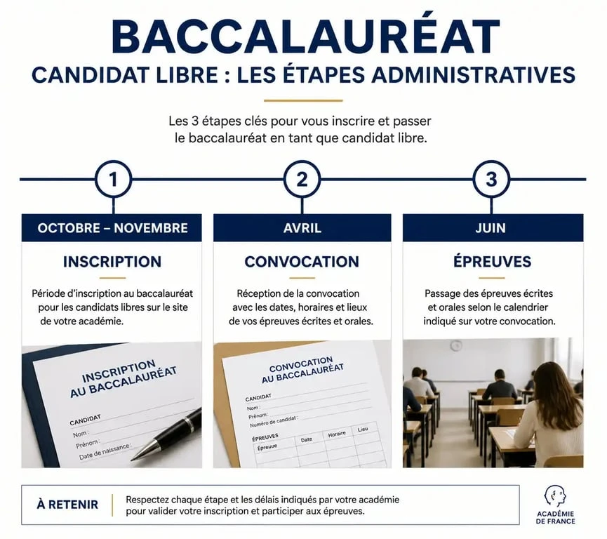 Frise chronologique des étapes pour passer le bac en candidat libre